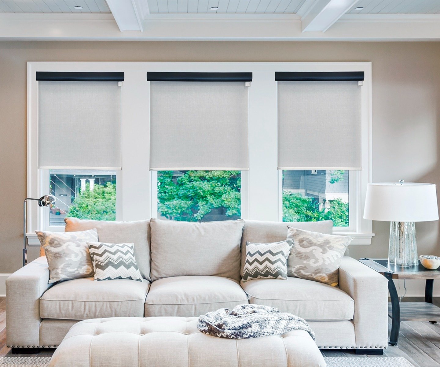 Roller shades in a bright modern living space